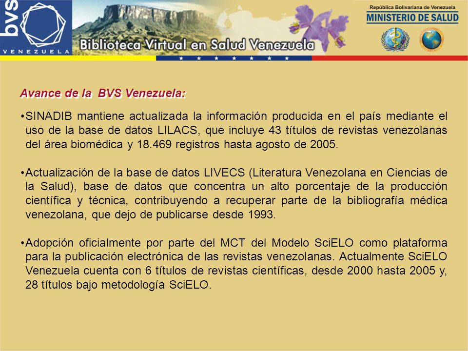 SINADIB mantiene actualizada la información producida en el país mediante el uso de la base de datos LILACS, que incluye 43 títulos de revistas venezolanas del área biomédica y registros hasta agosto de 2005.