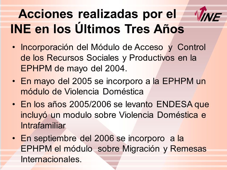 Acciones realizadas por el INE en los Últimos Tres Años Incorporación del Módulo de Acceso y Control de los Recursos Sociales y Productivos en la EPHPM de mayo del 2004.