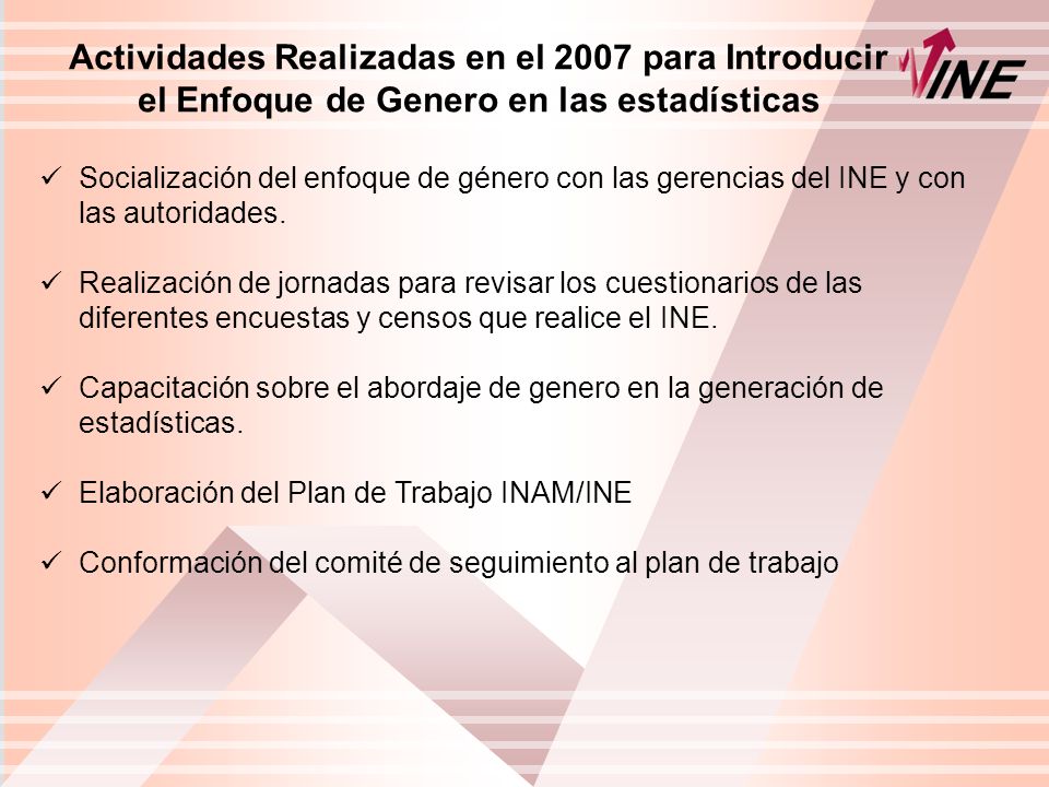 Actividades Realizadas en el 2007 para Introducir el Enfoque de Genero en las estadísticas Socialización del enfoque de género con las gerencias del INE y con las autoridades.