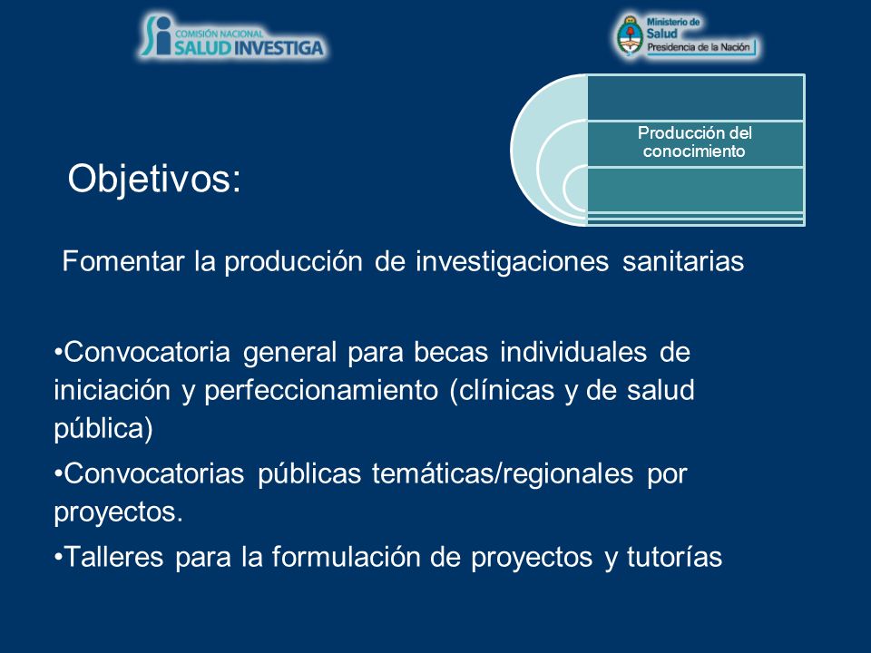Objetivos: Fomentar la producción de investigaciones sanitarias Convocatoria general para becas individuales de iniciación y perfeccionamiento (clínicas y de salud pública) Convocatorias públicas temáticas/regionales por proyectos.