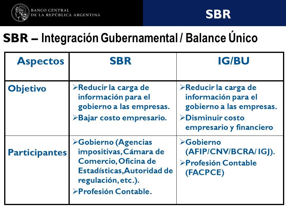 Nombre de la presentación en cuerpo 17 SBR SBR – Integración Gubernamental / Balance Único Gobierno (AFIP/CNV/BCRA/ IGJ).