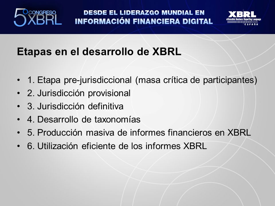 Etapas en el desarrollo de XBRL 1. Etapa pre-jurisdiccional (masa crítica de participantes) 2.