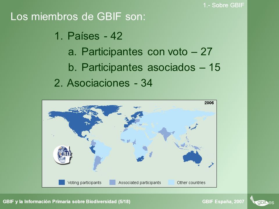 Taller de Herbar GBIF España, 2007GBIF y la Información Primaria sobre Biodiversidad (5/18) 1.- Sobre GBIF Los miembros de GBIF son: 1.