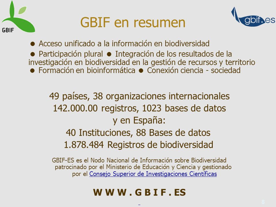 8 49 países, 38 organizaciones internacionales registros, 1023 bases de datos y en España: 40 Instituciones, 88 Bases de datos Registros de biodiversidad GBIF-ES es el Nodo Nacional de Información sobre Biodiversidad patrocinado por el Ministerio de Educación y Ciencia y gestionado por el Consejo Superior de Investigaciones CientíficasConsejo Superior de Investigaciones Científicas W W W.