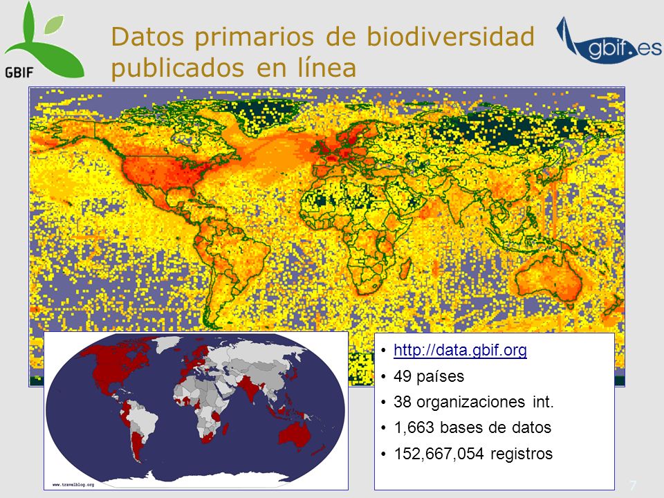 7 Datos primarios de biodiversidad publicados en línea   49 países 38 organizaciones int.