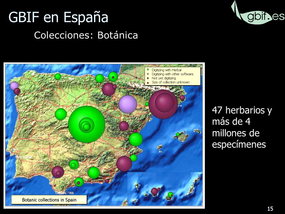15 47 herbarios y más de 4 millones de especímenes GBIF en España Colecciones: Botánica