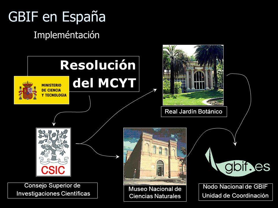 8 Museo Nacional de Ciencias Naturales Real Jardín Botánico Resolución del MCYT Consejo Superior de Investigaciones Científicas Nodo Nacional de GBIF Unidad de Coordinación Impleméntación GBIF en España