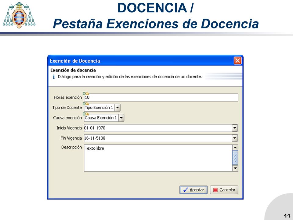 DOCENCIA / Pestaña Exenciones de Docencia 44