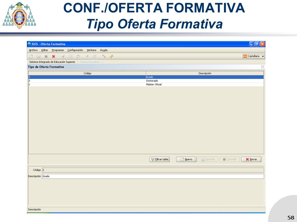 CONF./OFERTA FORMATIVA Tipo Oferta Formativa 58