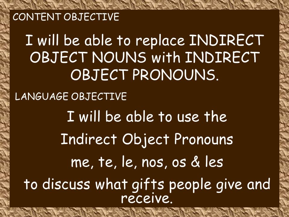 CONTENT OBJECTIVE I will be able to replace INDIRECT OBJECT NOUNS with INDIRECT OBJECT PRONOUNS.