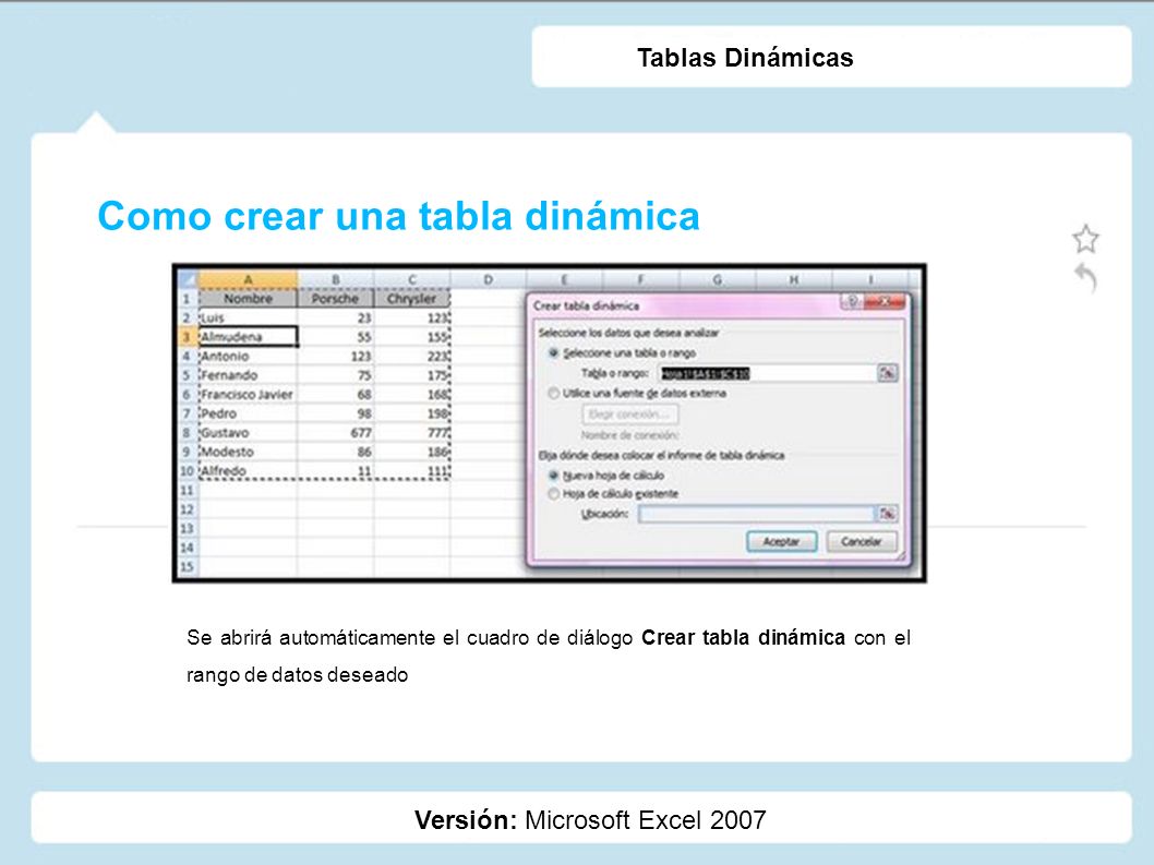 Como crear una tabla dinámica Versión: Microsoft Excel 2007 Tablas Dinámicas Se abrirá automáticamente el cuadro de diálogo Crear tabla dinámica con el rango de datos deseado