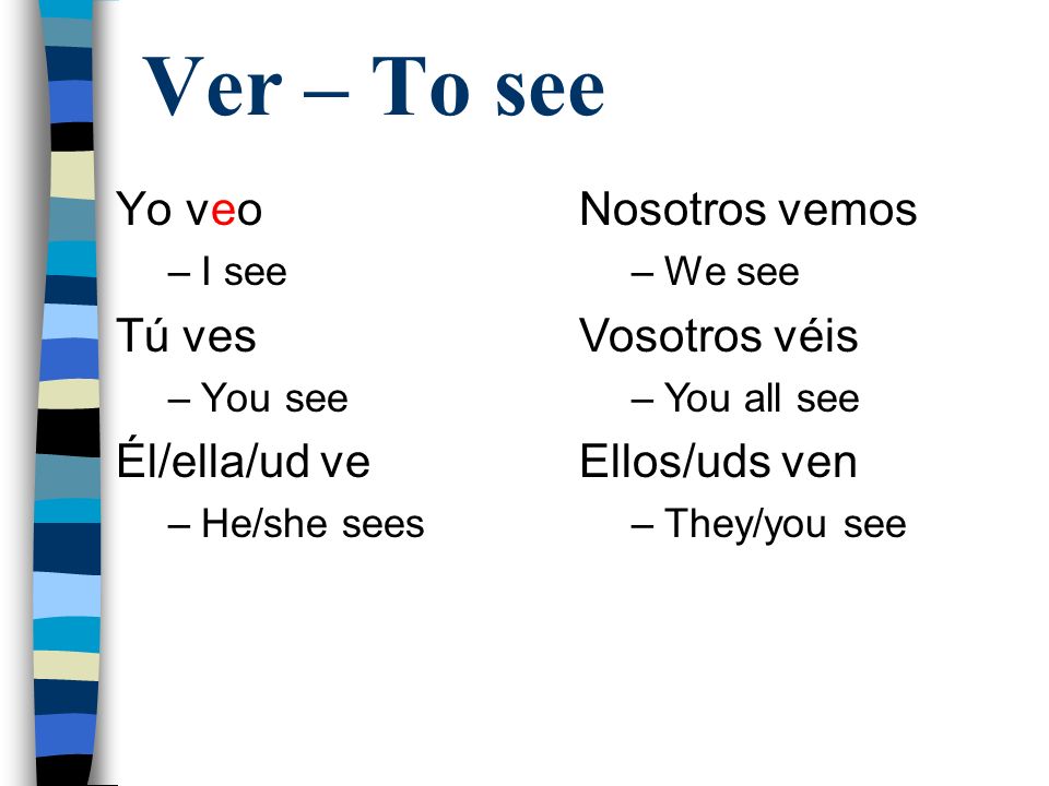 Ver – To see Yo veo –I see Tú ves –You see Él/ella/ud ve –He/she sees Nosotros vemos –We see Vosotros véis –You all see Ellos/uds ven –They/you see