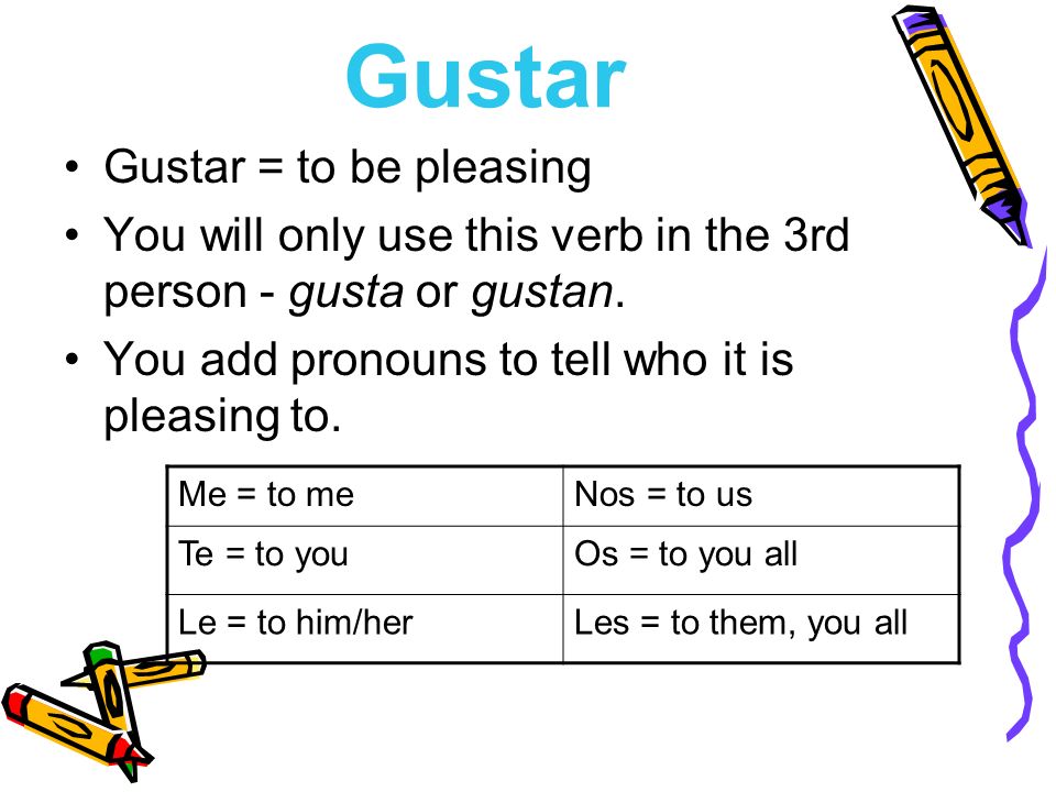 Gustar Gustar = to be pleasing You will only use this verb in the 3rd person - gusta or gustan.