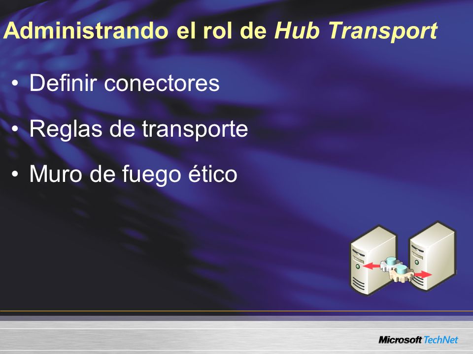 Administrando el rol de Hub Transport Definir conectores Reglas de transporte Muro de fuego ético