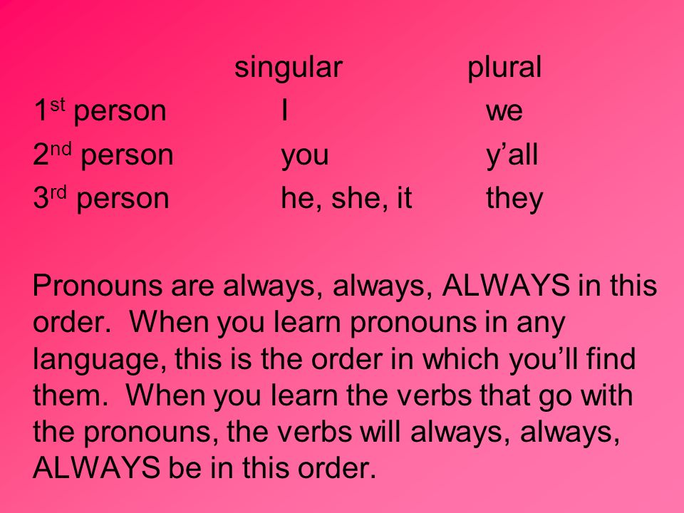 singular plural 1 st person Iwe 2 nd personyouyall 3 rd personhe, she, itthey Pronouns are always, always, ALWAYS in this order.