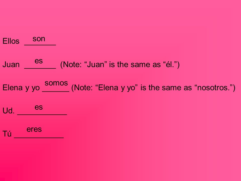 Ellos _______ Juan _______ (Note: Juan is the same as él.) Elena y yo ______ (Note: Elena y yo is the same as nosotros.) Ud.