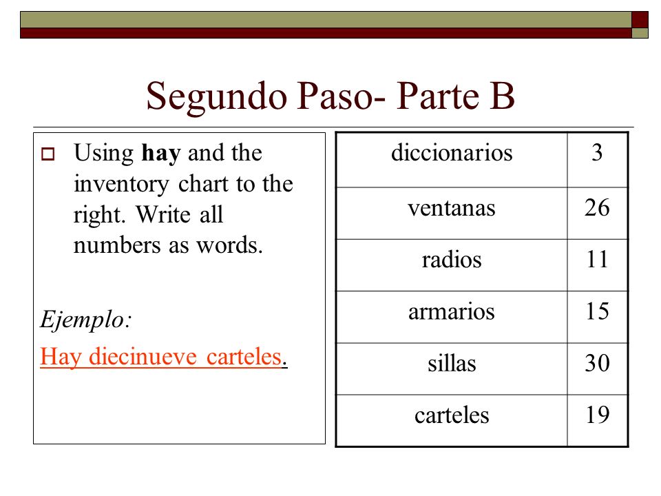Segundo Paso- Parte B Using hay and the inventory chart to the right.