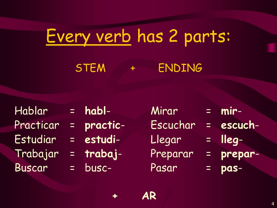 3 The base of every verb is called an infinitive. In English an infinitive is to + verb.