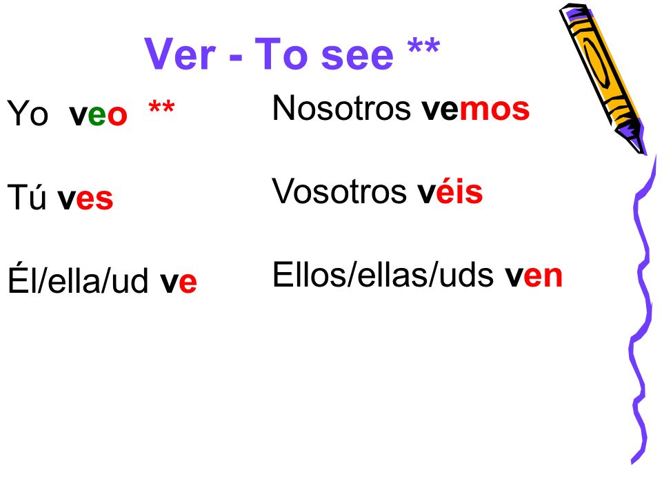 Ver - To see ** Yo veo ** Tú ves Él/ella/ud ve Nosotros vemos Vosotros véis Ellos/ellas/uds ven