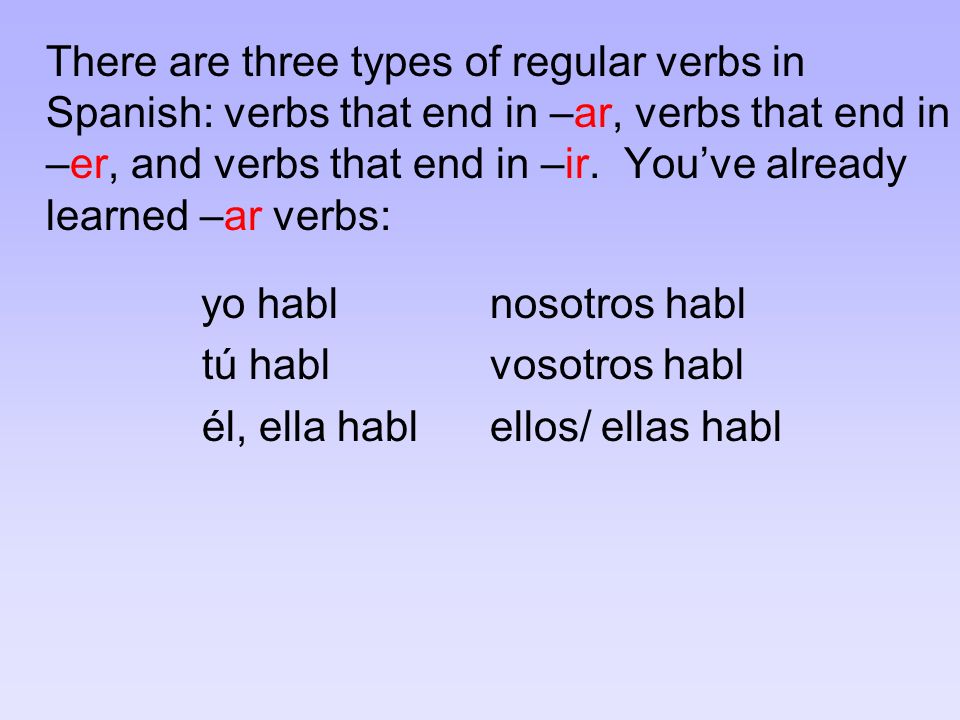 There are three types of regular verbs in Spanish: verbs that end in –ar, verbs that end in –er, and verbs that end in –ir.