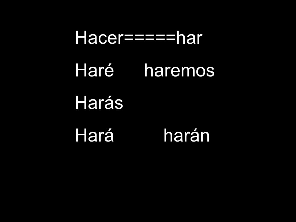 Hacer=====har Haré haremos Harás Haráharán