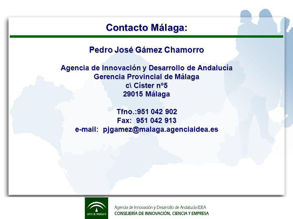 Contacto Málaga: Pedro José Gámez Chamorro Agencia de Innovación y Desarrollo de Andalucía Gerencia Provincial de Málaga c\ Císter nº Málaga Tfno.: Fax: