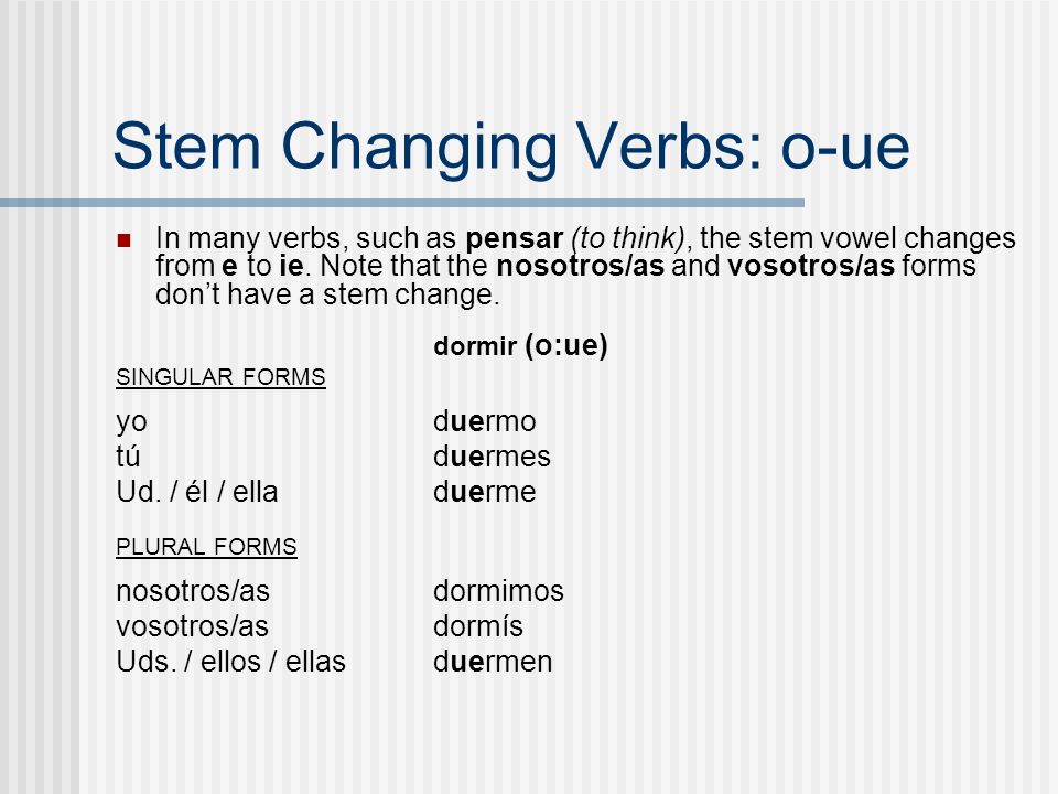 Stem Changing Verbs: o-ue In many verbs, such as pensar (to think), the stem vowel changes from e to ie.