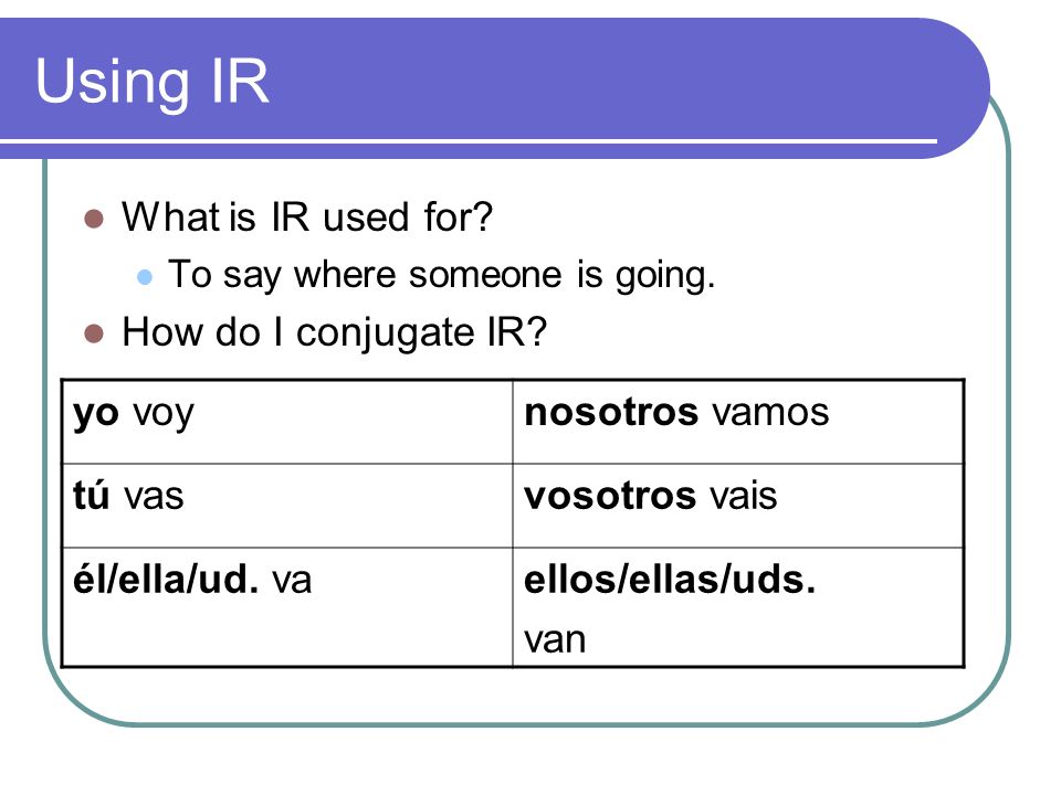 Using IR What is IR used for. To say where someone is going.