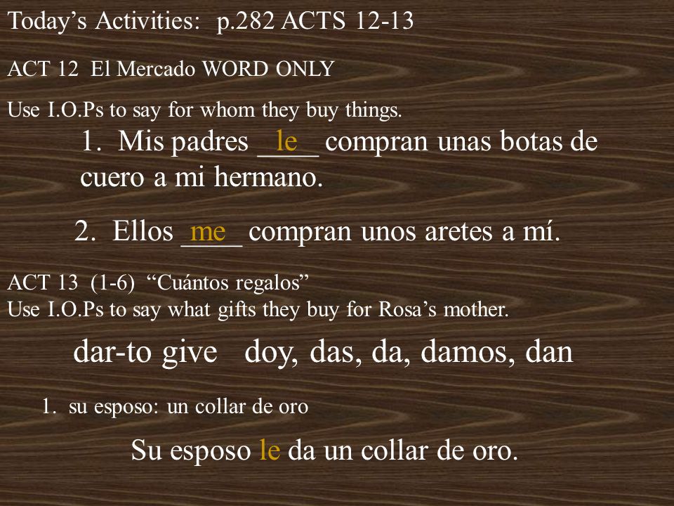 Todays Activities: p.282 ACTS ACT 12 El Mercado WORD ONLY Use I.O.Ps to say for whom they buy things.
