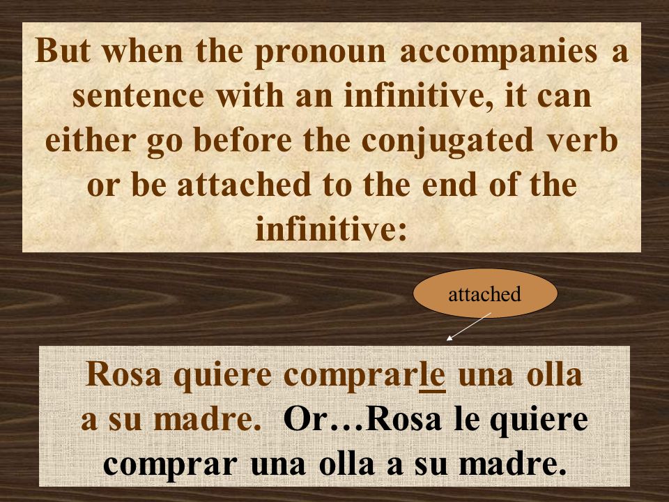 But when the pronoun accompanies a sentence with an infinitive, it can either go before the conjugated verb or be attached to the end of the infinitive: Rosa quiere comprarle una olla a su madre.