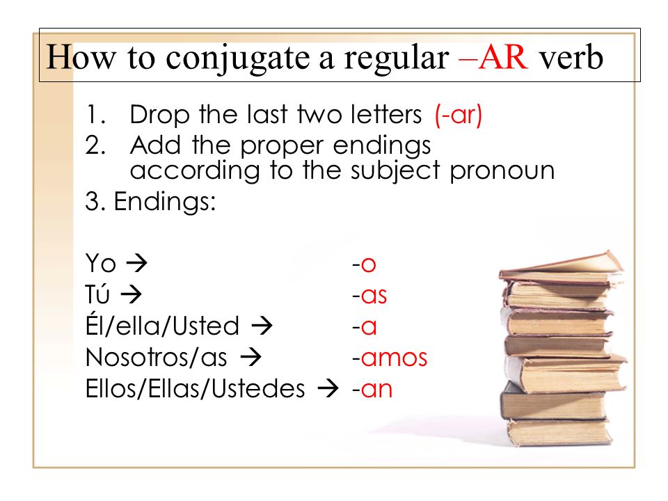 How to conjugate a regular –AR verb 1.Drop the last two letters (-ar) 2.Add the proper endings according to the subject pronoun 3.