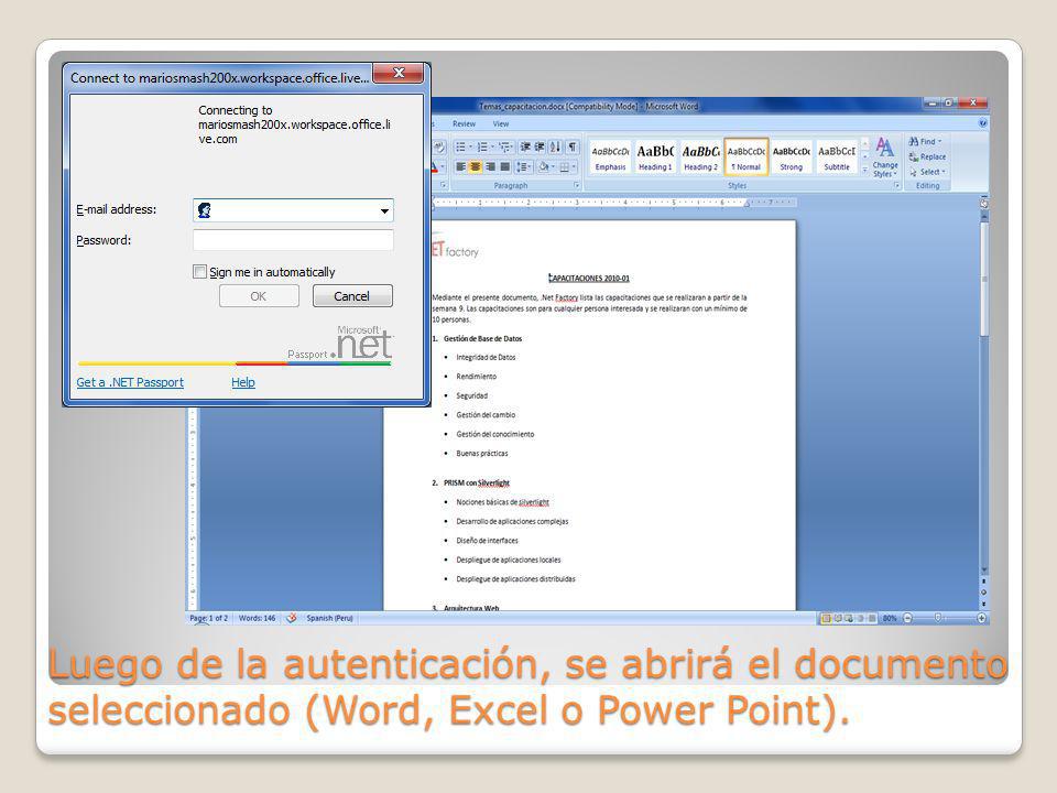 Luego de la autenticación, se abrirá el documento seleccionado (Word, Excel o Power Point).
