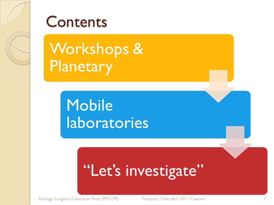 Contents Workshops & Planetary Mobile laboratories Lets investigate 7Santiago Langreo.