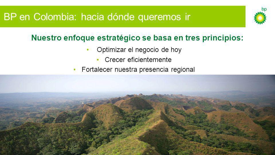 BP en Colombia: hacia dónde queremos ir Nuestro enfoque estratégico se basa en tres principios: Optimizar el negocio de hoy Crecer eficientemente Fortalecer nuestra presencia regional