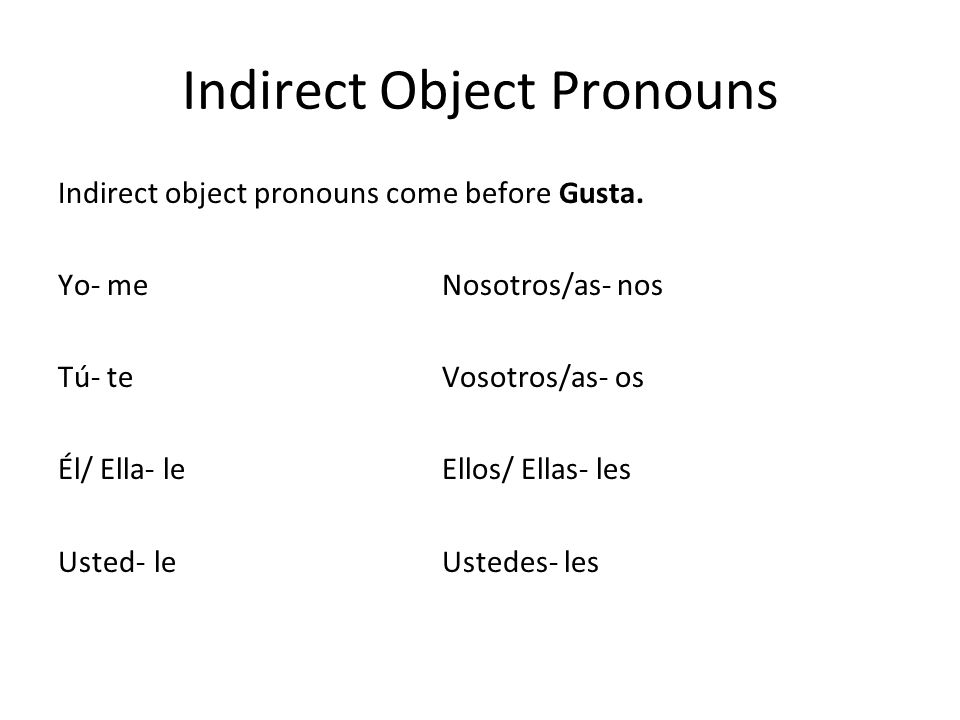 Indirect Object Pronouns Indirect object pronouns come before Gusta.