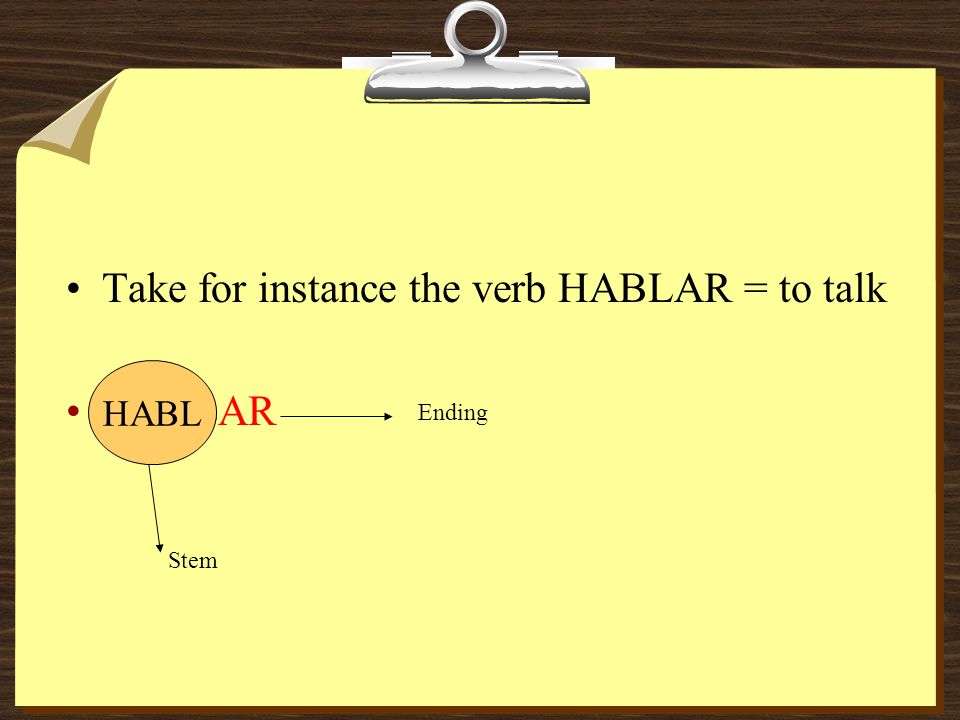 Take for instance the verb HABLAR = to talk HABLAR Stem Ending HABL