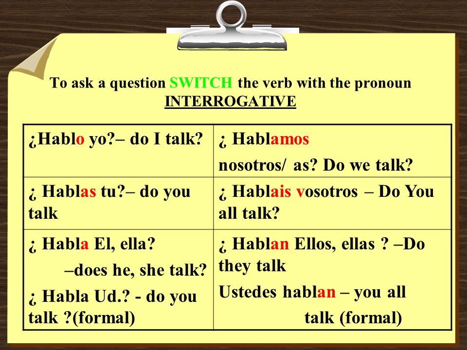 To ask a question SWITCH the verb with the pronoun INTERROGATIVE ¿Hablo yo – do I talk ¿ Hablamos nosotros/ as.