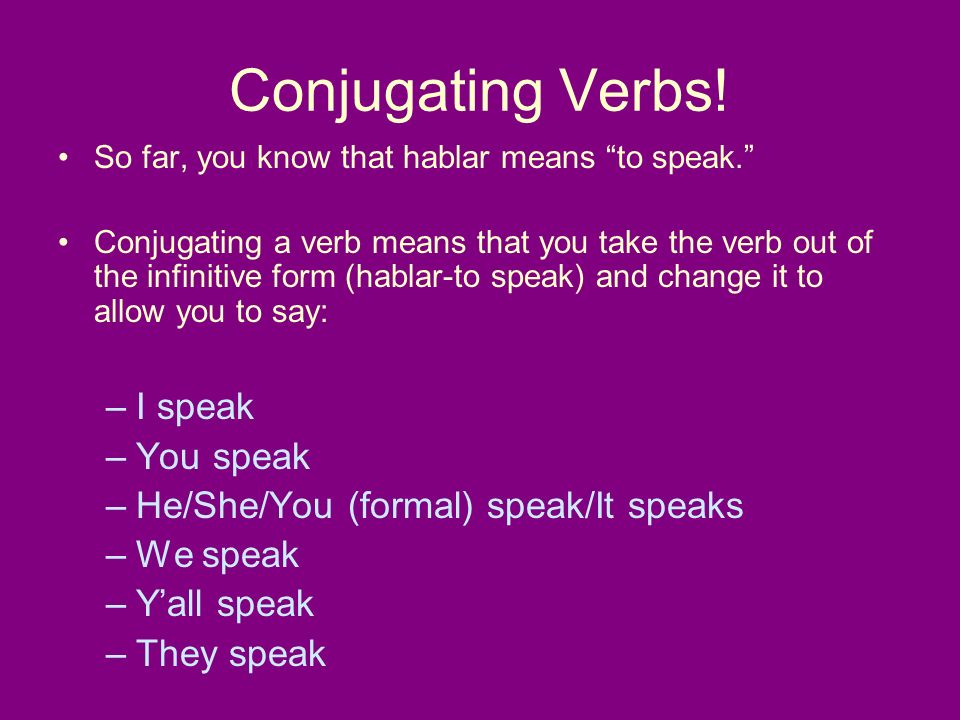 Conjugating Verbs. So far, you know that hablar means to speak.