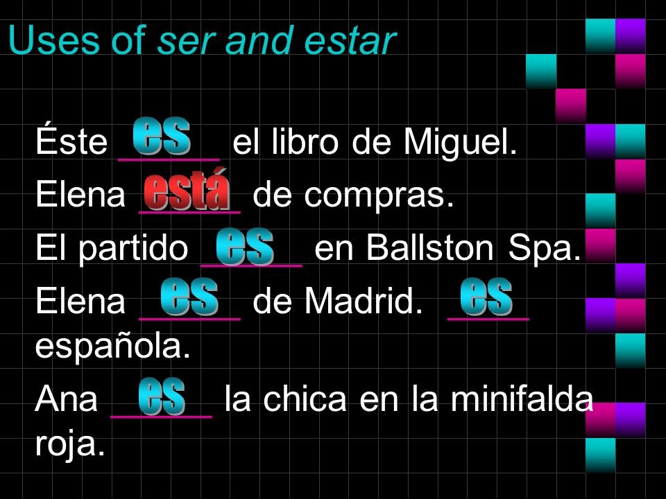 Uses of ser and estar Éste _____ el libro de Miguel.