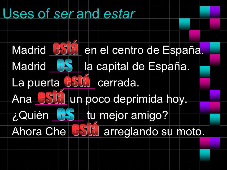 Uses of ser and estar Madrid _____ en el centro de España.