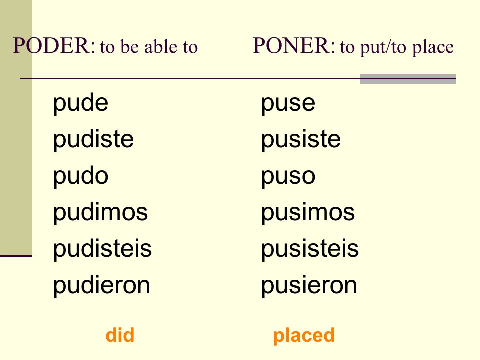 PODER: to be able to PONER: to put/to place pude pudiste pudo pudimos pudisteis pudieron puse pusiste puso pusimos pusisteis pusieron didplaced