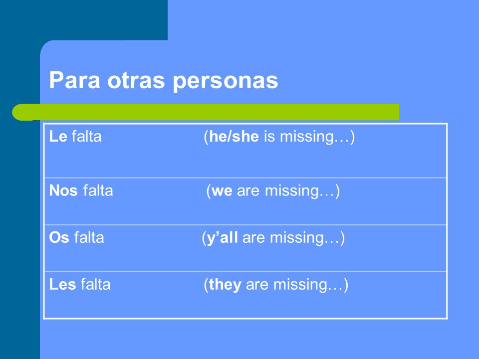 Para otras personas Le falta (he/she is missing…) Nos falta (we are missing…) Os falta (yall are missing…) Les falta (they are missing…)