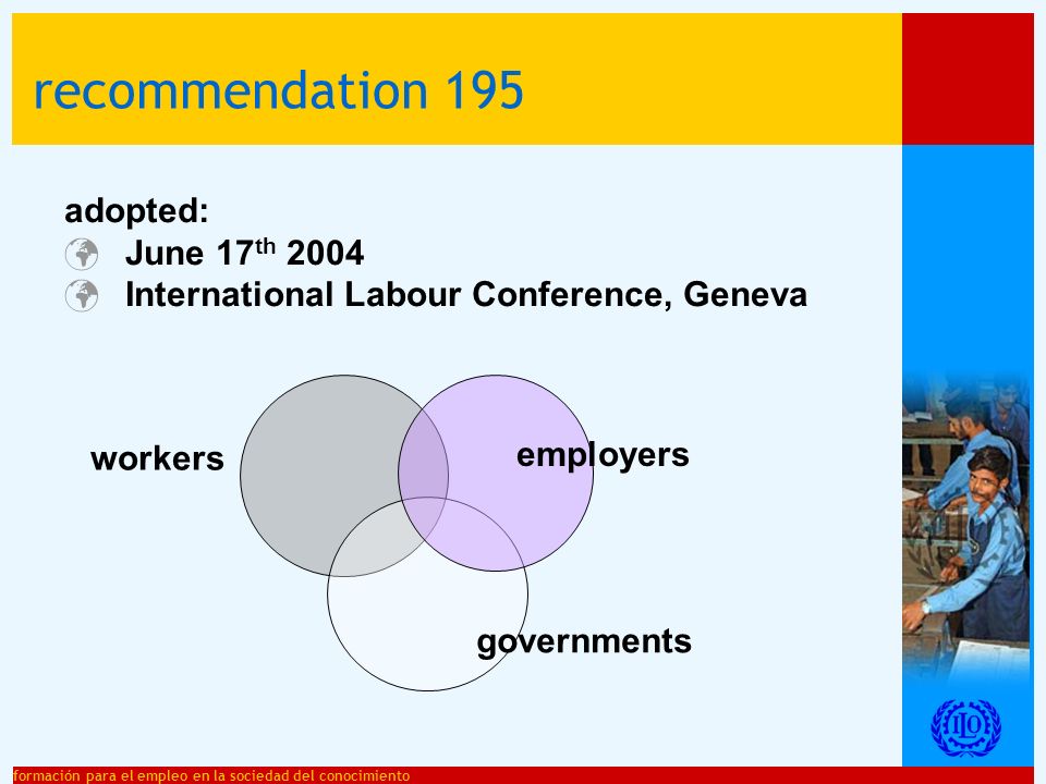 formación para el empleo en la sociedad del conocimiento adopted: June 17 th 2004 International Labour Conference, Geneva recommendation 195 workers employers governments