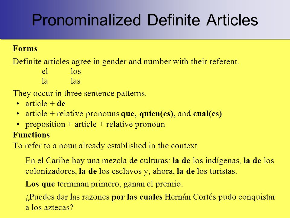Pronominalized Definite Articles Forms Definite articles agree in gender and number with their referent.