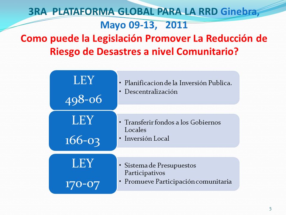 3RA PLATAFORMA GLOBAL PARA LA RRD Ginebra, Mayo 09-13, 2011 Como puede la Legislación Promover La Reducción de Riesgo de Desastres a nivel Comunitario.