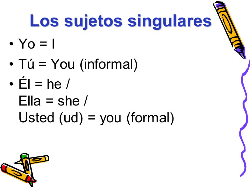 Los sujetos singulares Yo = I Tú = You (informal) Él = he / Ella = she / Usted (ud) = you (formal)