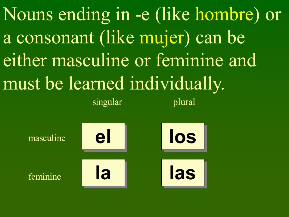 Nouns ending in -e (like hombre) or a consonant (like mujer) can be either masculine or feminine and must be learned individually.