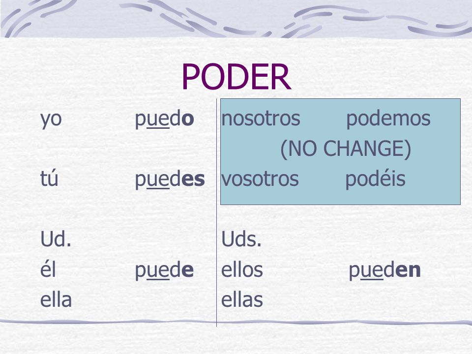 Lets review PODER again and remember, you do NOT change the nosotros or the vosotros forms!