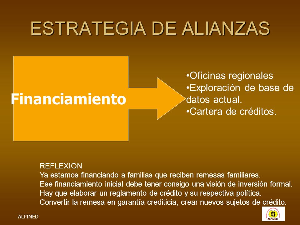 ESTRATEGIA DE ALIANZAS Financiamiento Oficinas regionales Exploración de base de datos actual.