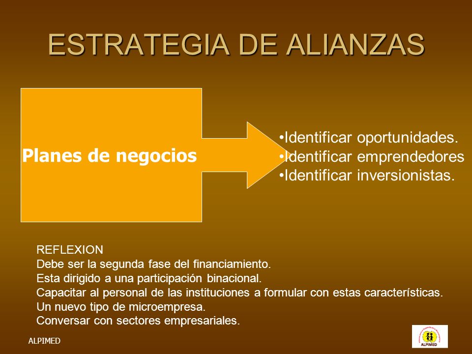 ALPIMED ESTRATEGIA DE ALIANZAS Planes de negocios Identificar oportunidades.
